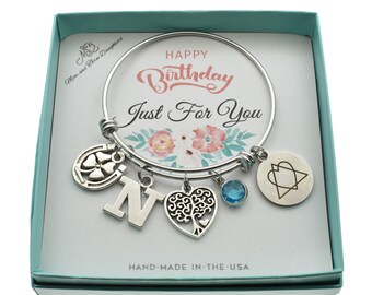 Adoption Gift: Stainless Steel Charm Bracelet with Initial & Birthstone
