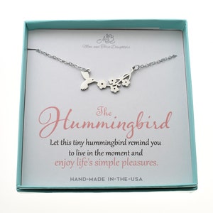 Hummingbird necklace.  Hummingbird jewelry.  Hummingbird Gifts. Motivational gifts.  Bird necklace.  Live in the moment.  Encouragement gift