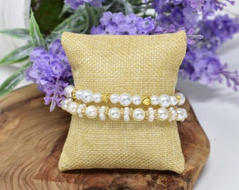 Gold and Pearl Beaded Bracelet Set. 6mm and 8mm. Hearts, Stars, Daisies. 6mm. 8mm.
