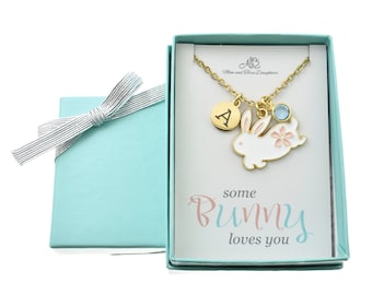 Personalized Bunny Rabbit Necklace with Initial and Birthstone. Easter Basket Stuffer. Easter Gift.