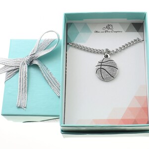 Hand Stamped Personalized Basketball charm in silver toned pewter on a stainless steel curb chain. Boys necklace. image 3