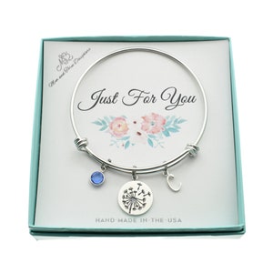 Personalized Sterling Silver Dandelion and Initial Charm Bangle Bracelet with a Crystal Birthstone. Gift for her.