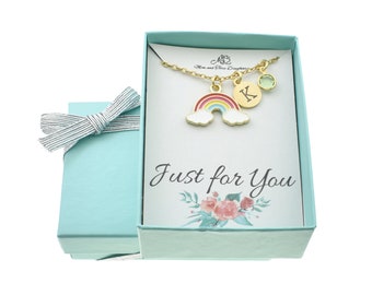 Personalized Rainbow Necklace: Initial Charm & Crystal Birthstone