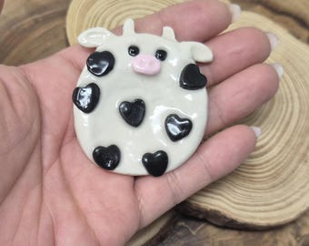 Handmade Cow Worry Stone with Black Heart Spots. Polymer Clay. 45mm x 55mm