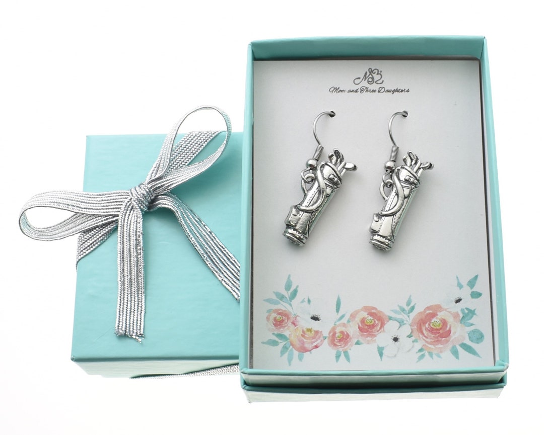 Golf Bag Earrings in Antique Silver Pewter Suspended From Stainless