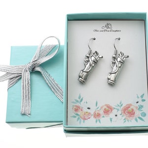 Golf bag earrings in antique silver pewter suspended from stainless steel earring wires. Golf earrings. Golf gift. Golf bag jewelry.