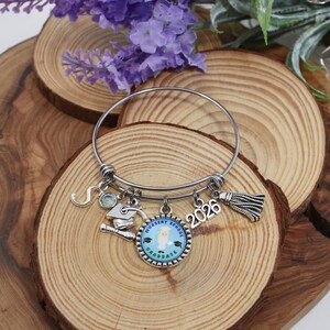 Personalized Nursery School Graduation Bangle Bracelet: Initial, Birthstone, Graduate Charm