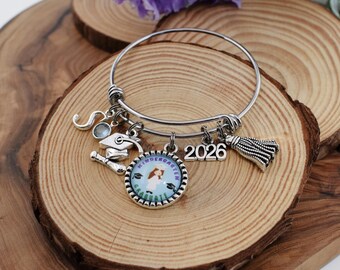 Personalized Kindergarten Graduation Bangle Bracelet: Initial, Birthstone, Graduate Charm