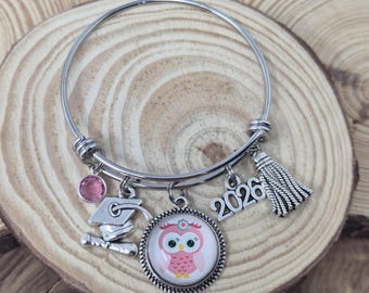 Kindergarten Graduation Bracelet: Owl Charm Bangle, Class of 2026