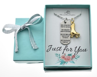 Roller Skate Necklace: Antique Gold Pewter Charm, Inspirational Tag