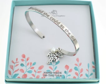 Woman's RN bracelet. Gift for nurse. Stainless steel bracelet "she believed she could so she did" with RN caduceus charm. Gift for Nurse.