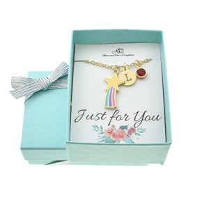 Shooting star necklace personalized with an initial.  Star gifts. Rainbow charm. Little girl&#39;s jewelry.  Gift for daughter. Niece.