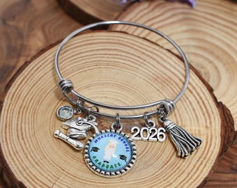 Personalized Nursery School Graduation Bracelet: Stainless Steel Bangle, 2026 Charm