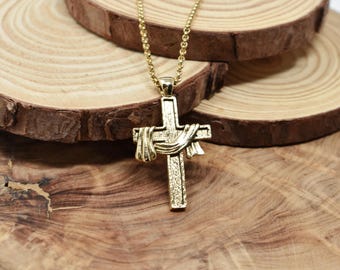 Antique Gold Plated Pewter Cross with Jesus' Shroud. Unisex. 25mm x 43mm