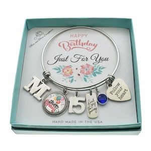 Personalized 15th Birthday Bangle Bracelet: Initial & Birthstone Charm