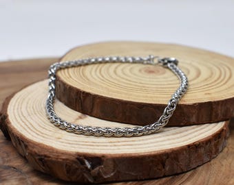 Men's 3mm Silver Wheat Chain Bracelet. Men's Jewelry. Waterproof.