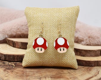 Mushroom Enamel Earrings with Gold Stainless Steel Hook Wires. Red and White Enamel. Limited Stock