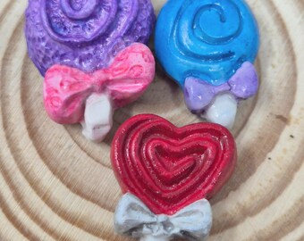 Magnet Sets: Handmade Lollipops. Buy all in same color or all 3. Heart and Round Shaped Polymer Clay. Handmade.