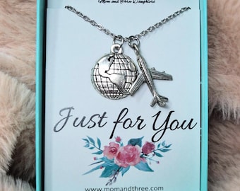 World Traveler Charm Necklace: Stainless Steel Airplane & Globe