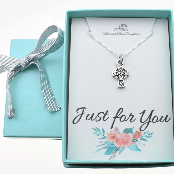 Little girl's celtic cross necklace in silver plated pewter on a 14" sterling silver box chain.  Christian jewelry.  Christian Necklace.