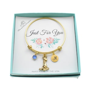 Giraffe Bracelet with Personalized Birthstone and Initial in Gold Plated Pewter. Little Girls Jewelry. Animal Jewelry. Giraffe Gifts.