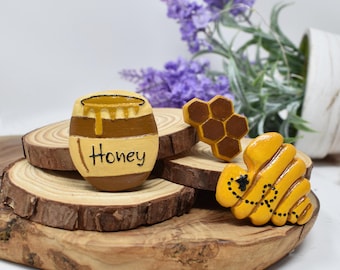 Handmade Honeybee Clay Magnets. Set of 3. Beehive, Honeycomb, Honey Pot.