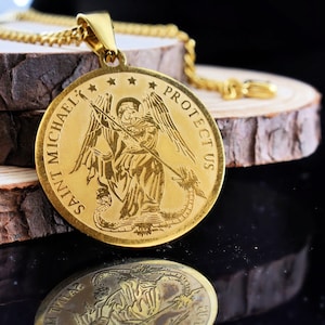Saint Michael Medal Necklace in Gold Plated Stainless Steel. St Michael Necklace. Men&#39;s Jewelry. Men&#39;s Necklaces. Christian Gift. Protection