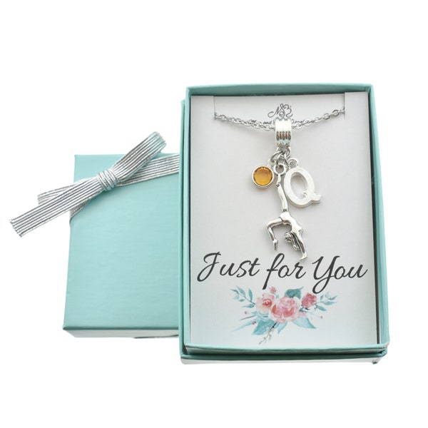 Personalized Gymnast Necklace: Initial & Birthstone Charm