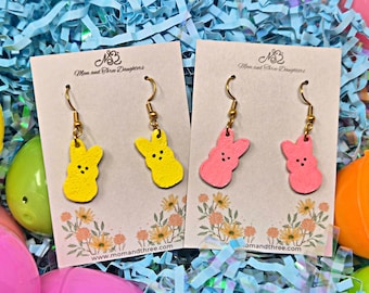 Bunny Handmade Polymer Clay Dangle Earrings. Pink or Yellow Bunny Marshmallow. 12mm x 21mm