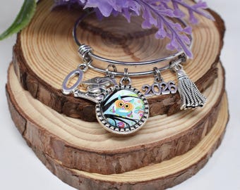 Personalized Kindergarten Graduation Bangle Bracelet: Owl Charm, Initial, 2026 Gift