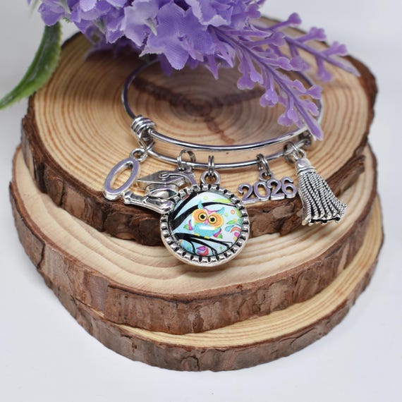 Personalized Kindergarten Graduation Bangle Bracelet: Owl Charm, Initial, 2026 Gift