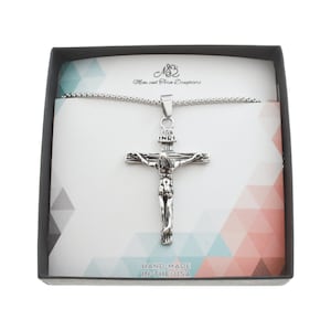 Waterproof Crucifix pendant in silver stainless steel. Christian Jewelry. Confirmation Gift. Jesus.