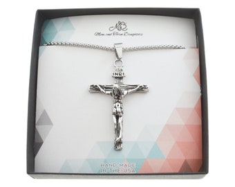 Waterproof Crucifix pendant in silver stainless steel. Christian Jewelry. Confirmation Gift. Jesus.