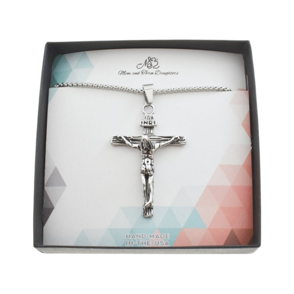 Waterproof Crucifix pendant in silver stainless steel. Christian Jewelry. Confirmation Gift. Jesus.