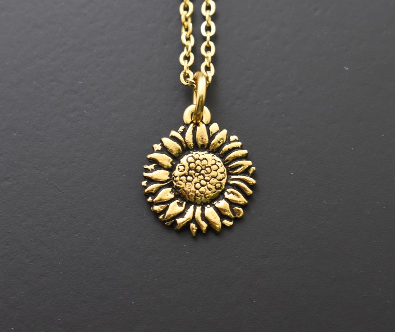 Sunflower Necklace in Gold Plated Pewter on a Gold Plated Etsy
