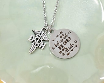 Dental Hygienist Graduation Necklace: 'She Believed She Could', DH Caduceus Charm