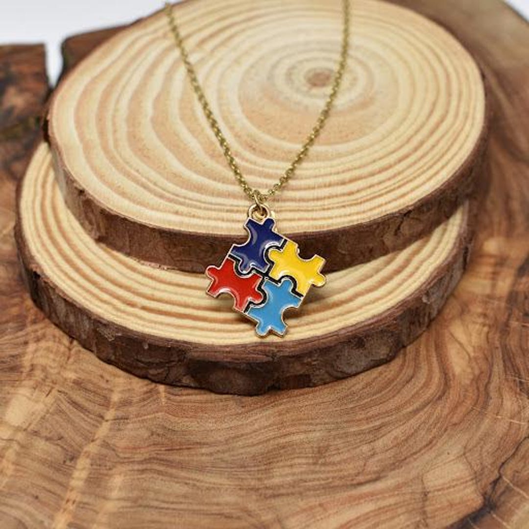 Autism Awareness Puzzle Necklace: Gold Toned Enamel Pendant - Etsy