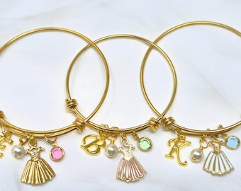 Ballerina Dress bracelet in gold with 6mm Pearl. Personalized initial, birthstone. Dance Jewelry.