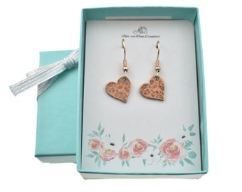 Hammered Copper Heart Earrings: Rose Gold Hypoallergenic Dangle