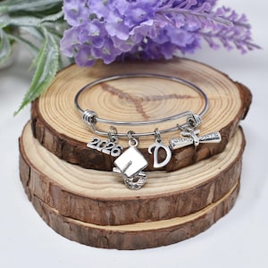 Personalized  Graduation Bangle Bracelet: Stainless Steel Initial