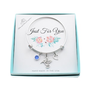 Hummingbird Bracelet with Personalized Birthstone in Stainless Steel . Little Girls Jewelry. Hummingbird Jewelry. Hummingbird Gifts.