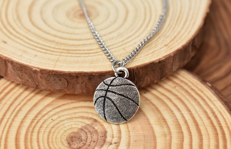 Hand Stamped Personalized Basketball charm in silver toned pewter on a stainless steel curb chain. Boys necklace. image 2