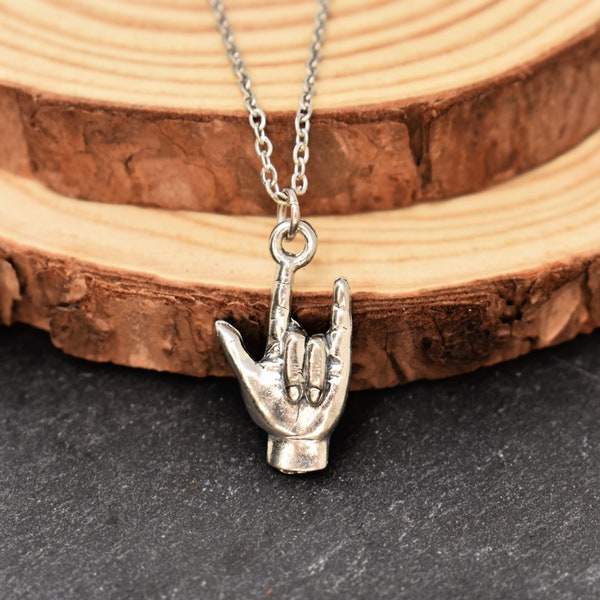 I Love You In Sign Language Necklace in Antique Silver Pewter. American Sign Language. Anniversary Gift. Valentines Day Gifts.