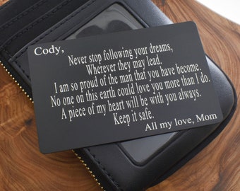 Personalized Wallet Card for Son. Graduation gift.  Deployment gift.  Going away gift.  High School Graduation. Customized graduation gift.