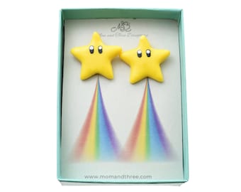 Handmade Polymer Clay Stud Earrings. Yellow Star with Eyes. 23mm x 22mm