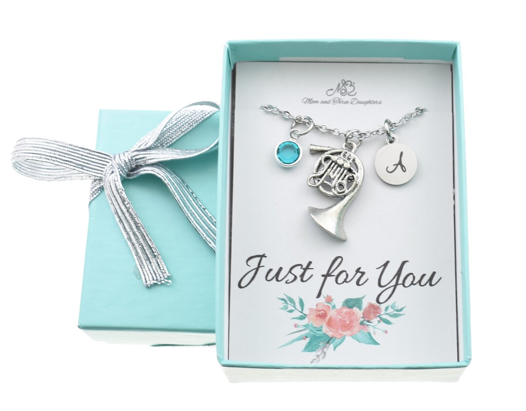 French Horn Necklace in Antique Silver Pewter. French Horn Jewelry Gift