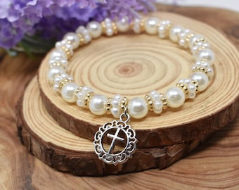 Holy Cross Glass Bead Bracelet. Daisy Spacers. Gold and Pearl Beaded Bracelet.