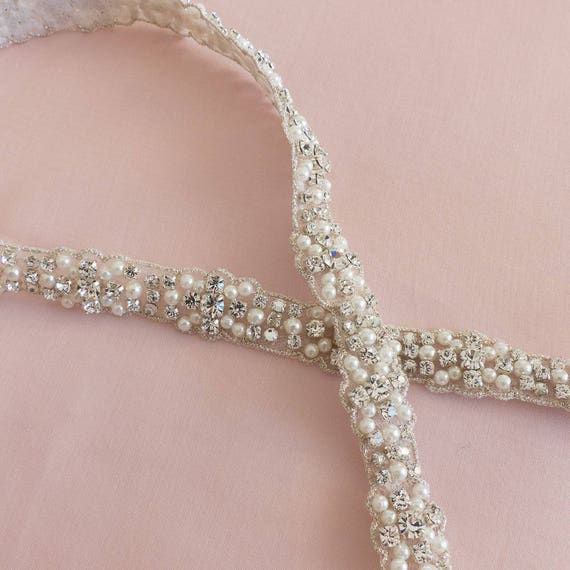 Crystal and Pearl Wedding Sash Belt, Pearl Bridal Sash Belt 