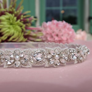 Thin jeweled wedding sash belt with Swarovski crystals and pearls