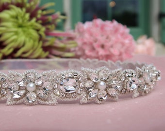 Thin jeweled wedding sash belt with Swarovski crystals and pearls